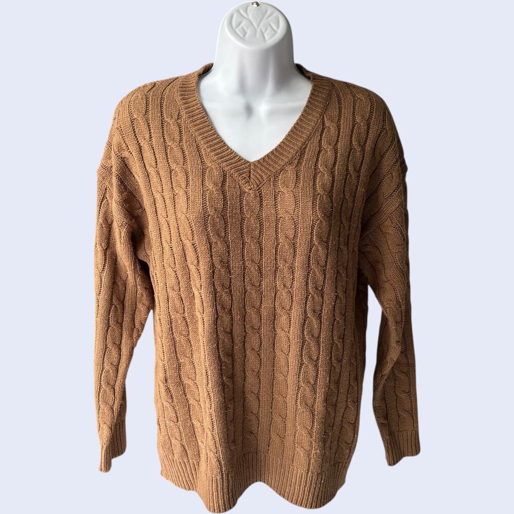 LOVE CHANGE M Cozy Cable Knit Sweater Brown V-Neck Classic Fall